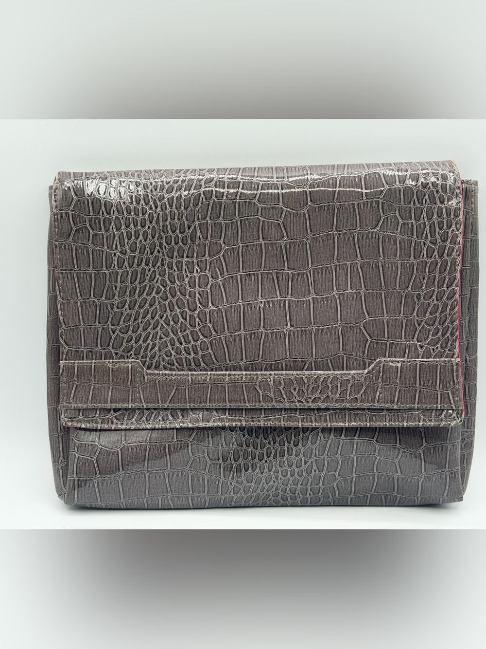 Vince Camuto Faux Gray Snakeskin Oversized Snap Closure Clutch Purse